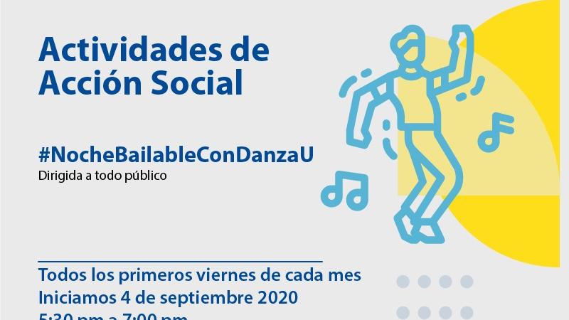 Danza Universitaria invita a  nuestra nueva #NocheBailableConDanzaU, un espacio abierto para que nos acompañen a bailar y aprender bailes populares de la mano de la reconocida maestra y fundadora de la escuela Merecumbé, Liliana Valle. Se llevará a cabo el primer viernes de cada mes dando inicio este viernes 4 de septiembre, 5.30 p.m. Lo único que debe hacer es conectarse en el siguiente enlace y podrá disfrutar con nosotros.  ¡Hagamos de nuestras casas un espacio para celebrar la danza y el movimiento!   h 